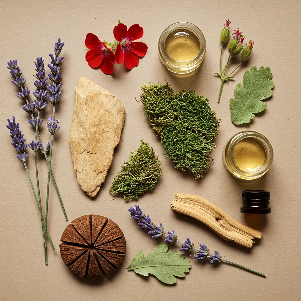 Composition détaillée des notes de parfum avec lavande, géranium et mousse de chêne arrangés en vue de dessus