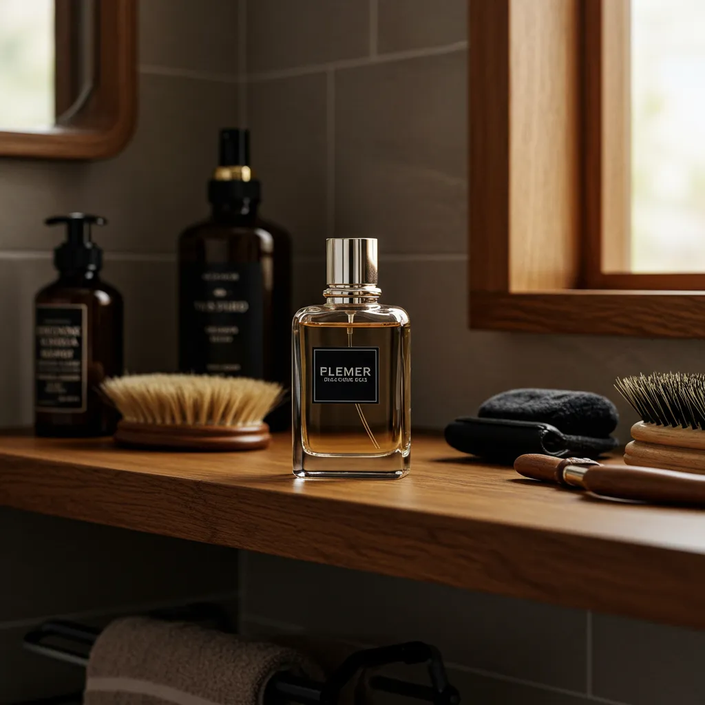 Flacon de parfum masculin classique positionné sur une étagère de salle de bain moderne avec accessoires de toilette