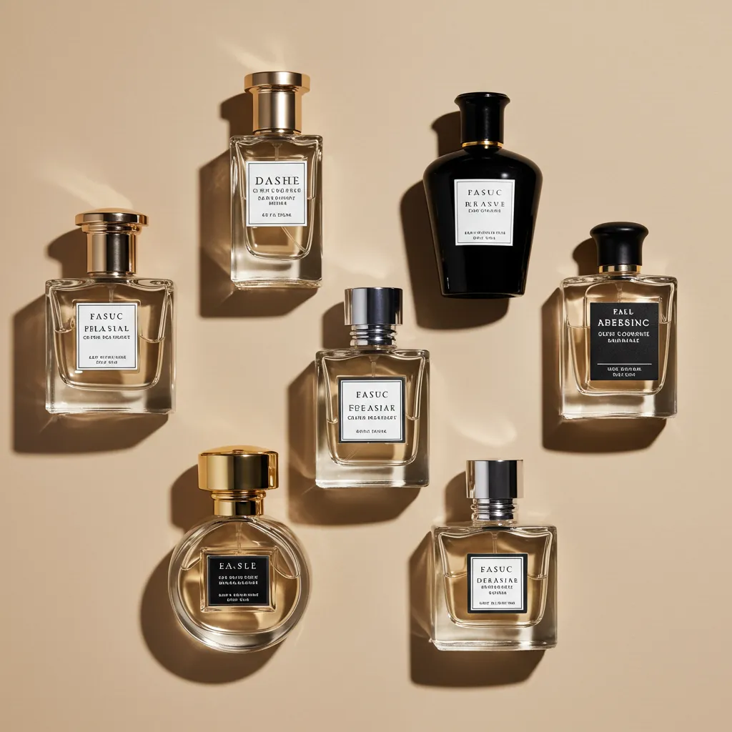 Plusieurs flacons de parfum de différents styles et formats alignés pour comparaison visuelle