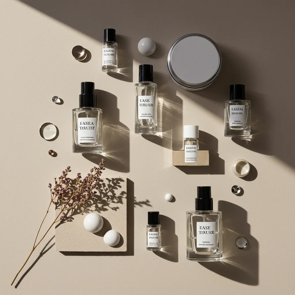 Arrangement minimaliste de produits de parfumerie raffinée vue de dessus