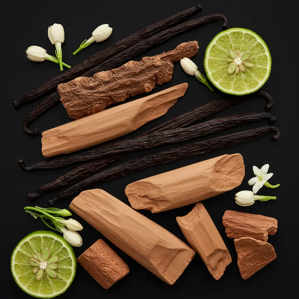 Ingrédients premium du parfum Très Chère : vanille bourbon, jasmin sambac, santal australien et bergamote disposés artistiquement