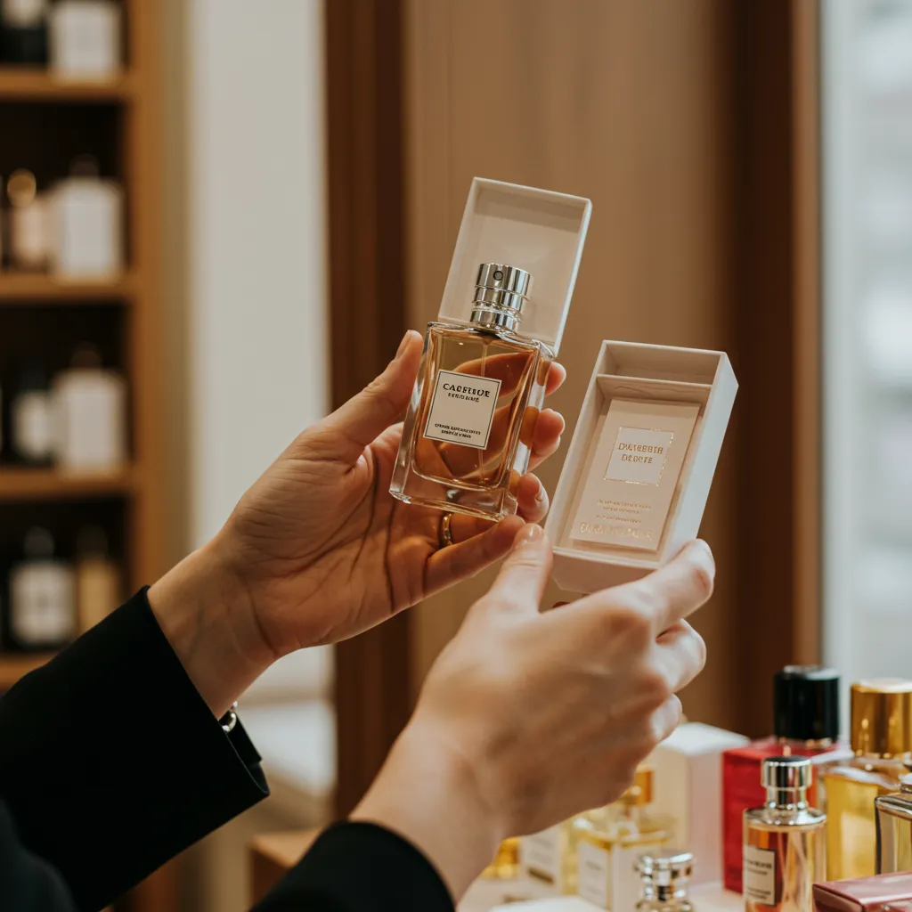 Présentation du flacon Très Chère Mizensir dans un contexte d'achat premium avec emballage luxe