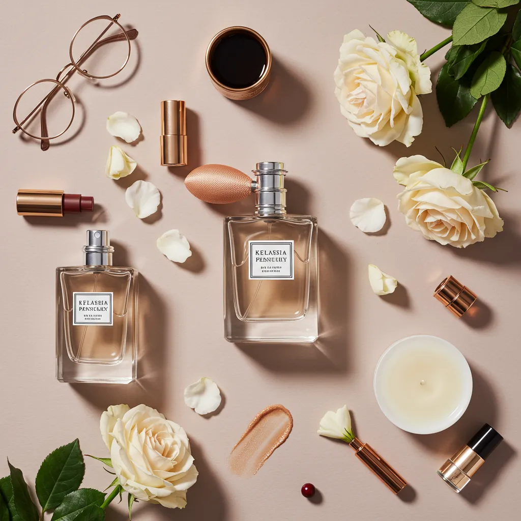 Composition lifestyle montrant l'utilisation et les caractéristiques du parfum Très Chère Mizensir avec accessoires élégants