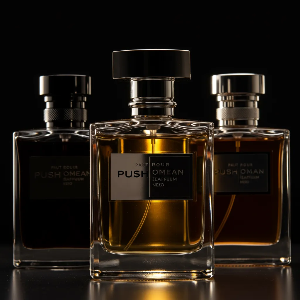 Trois flacons de parfum homme haut de gamme en gros plan avec éclairage studio