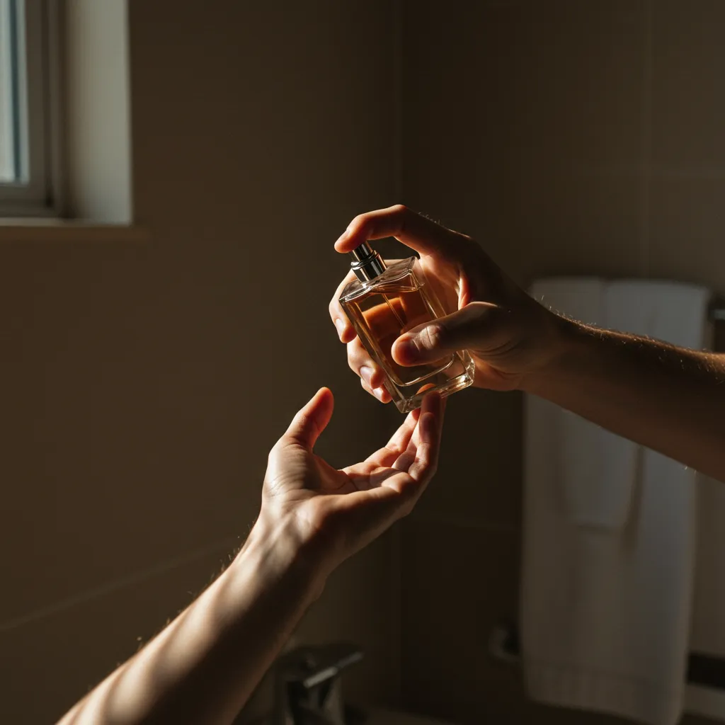 Application de parfum homme sur le poignet avec lumière naturelle douce