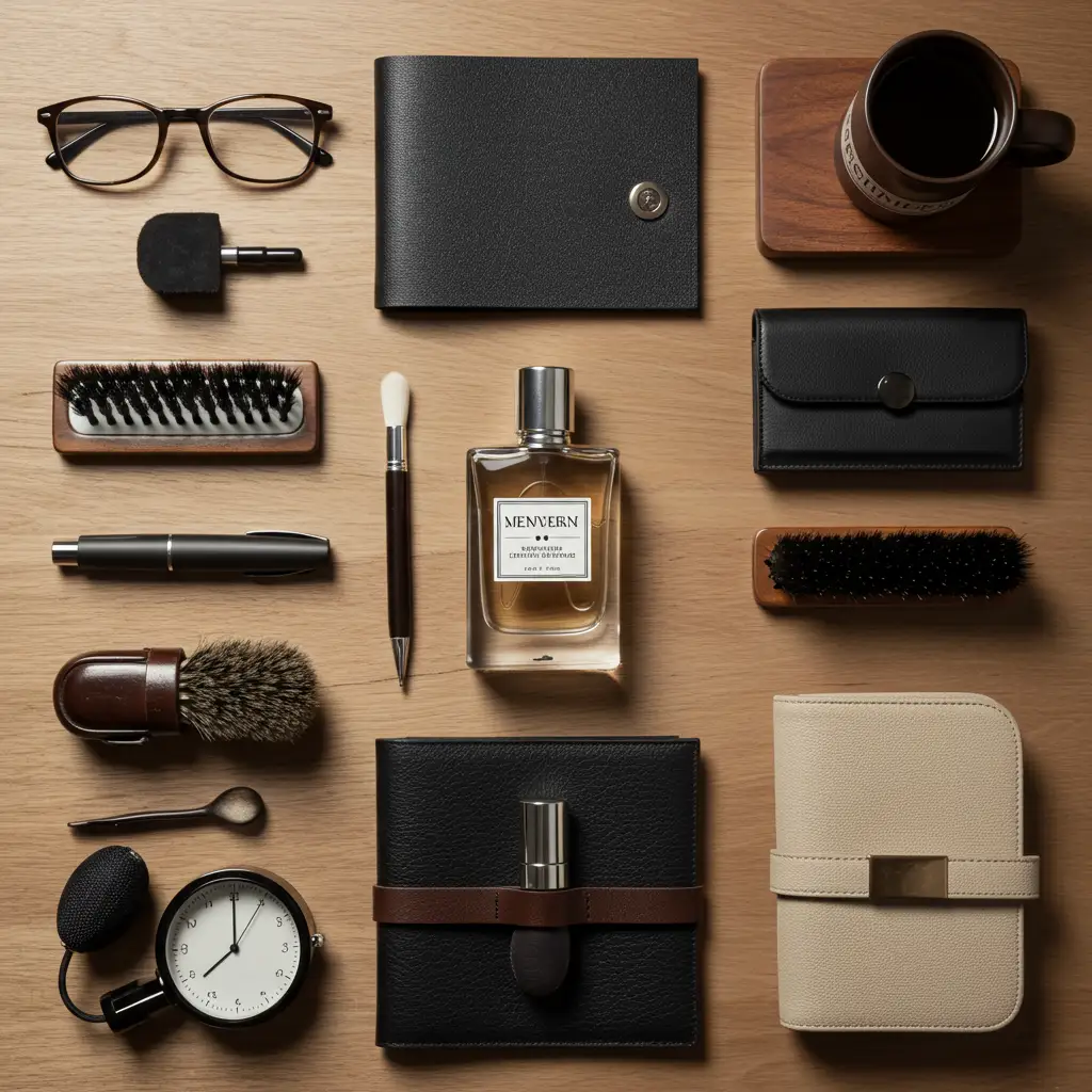 Composition plate de parfum homme avec accessoires de toilettage et matériaux luxe