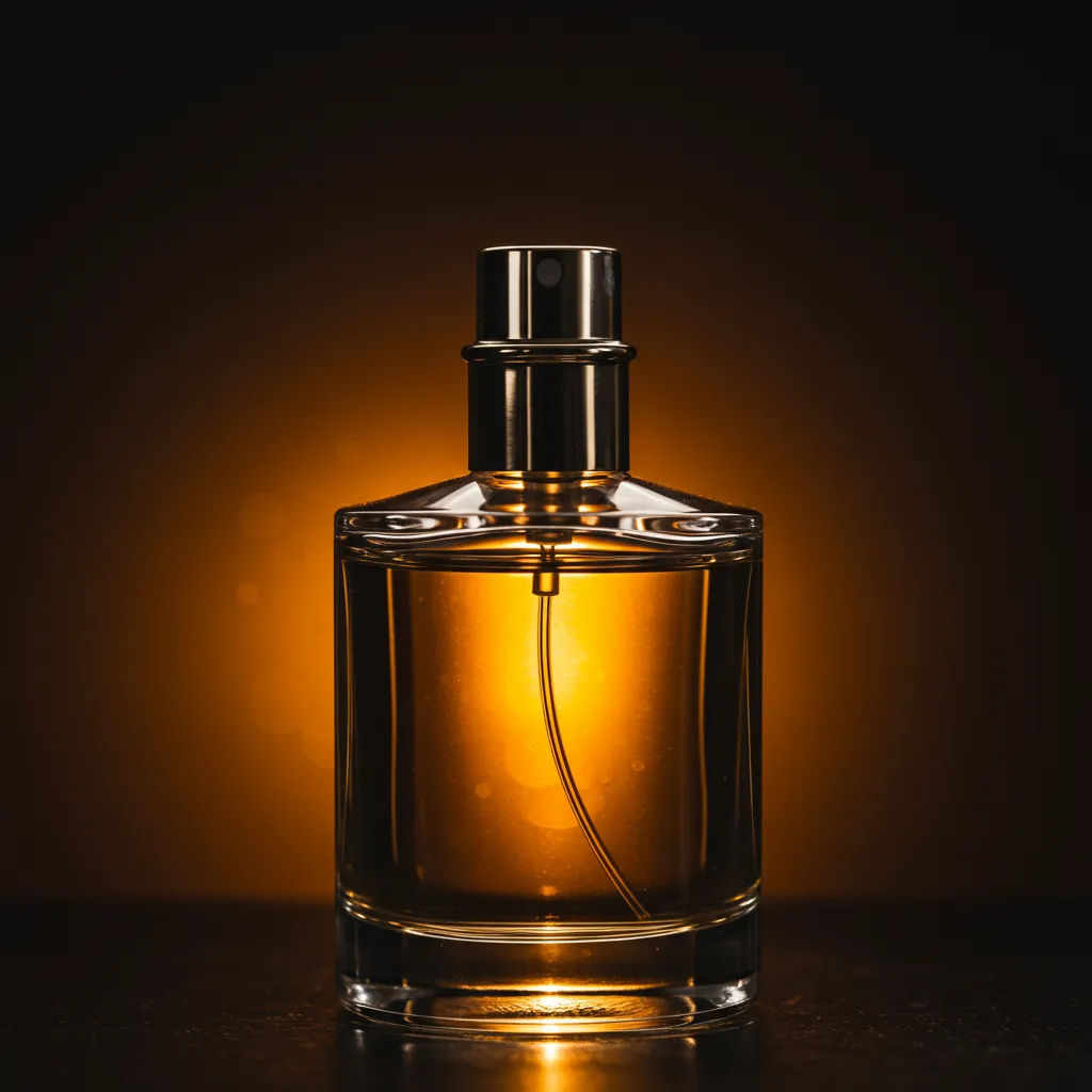 Gros plan artistique d'essence de parfum avec reflets dorés et ambrés