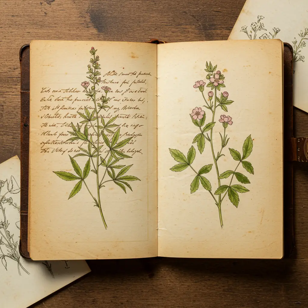 Pages manuscrites historiques avec notes et croquis botaniques évoquant la formule originale du parfum créée à Sainte-Hélène