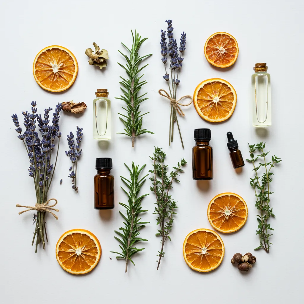 Composition photographique des ingrédients naturels du parfum Napoléon : lavande, romarin, thym et agrumes