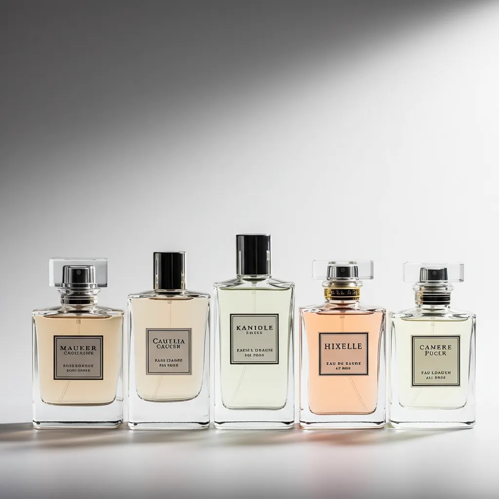 Cinq flacons de parfum Polo Ralph Lauren alignés côte à côte, vue de face avec éclairage studio