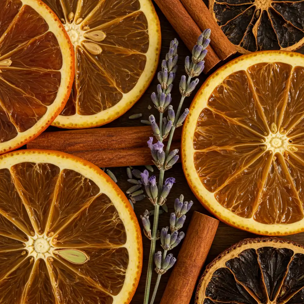 Gros plan des ingrédients olfactifs - agrumes, lavande, épices et bois arrangés artistiquement