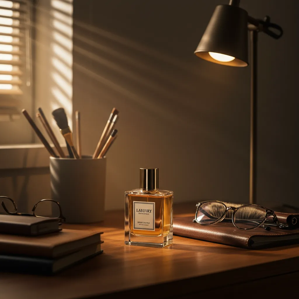 Flacon de parfum Polo Ralph Lauren sur un bureau élégant avec éclairage naturel chaud