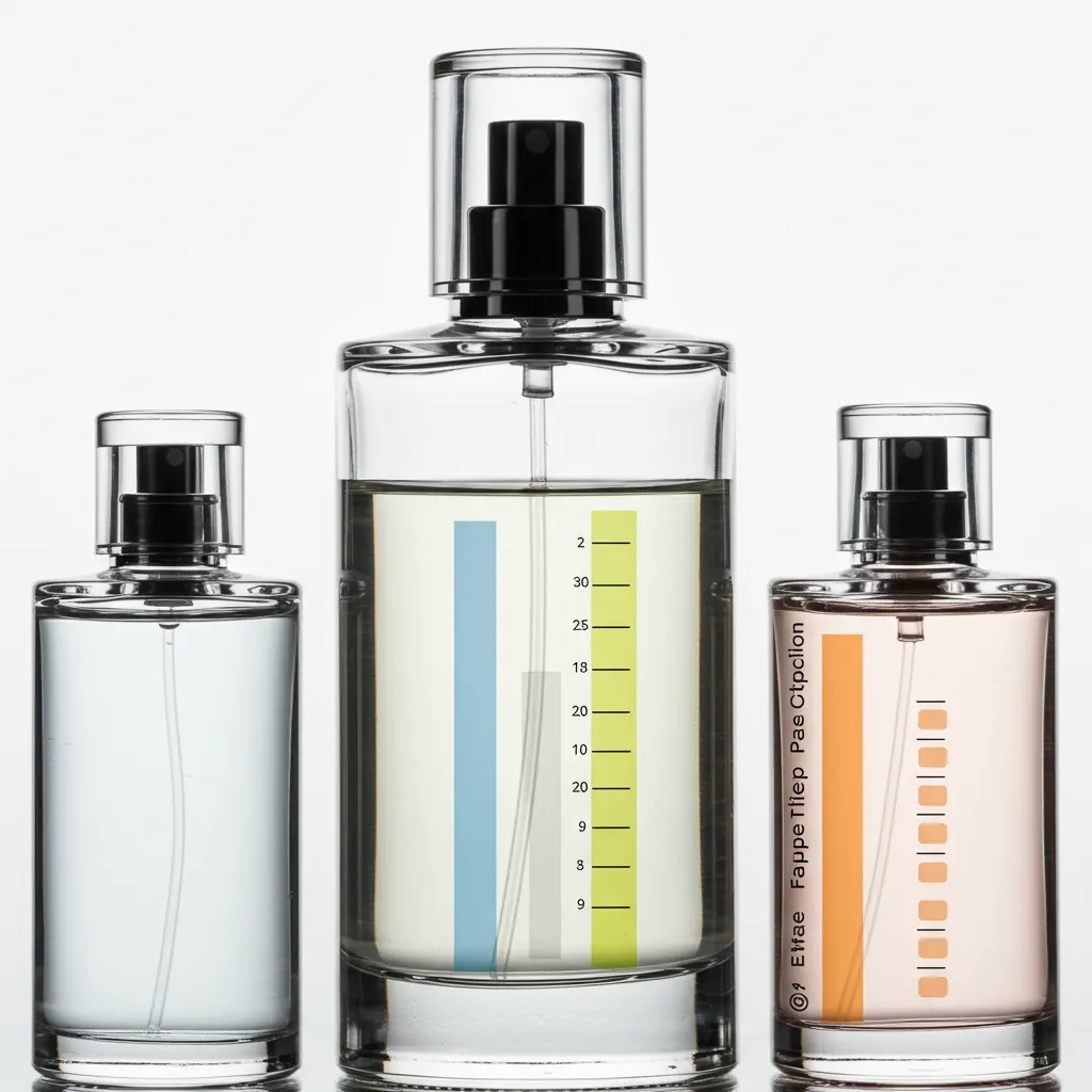 Visualisation des différentes concentrations de parfum masculin avec des niveaux de liquide distincts