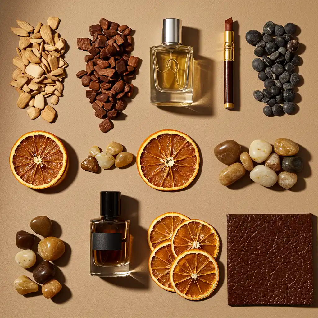 Représentation visuelle des familles olfactives du parfum masculin avec des éléments naturels et aromatiques