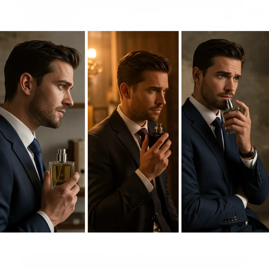 Scènes de vie montrant l'application et l'utilisation du parfum masculin selon différentes occasions