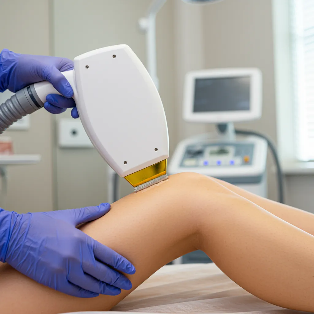 Séance d'épilation laser en cours sur une jambe montrant la précision du traitement