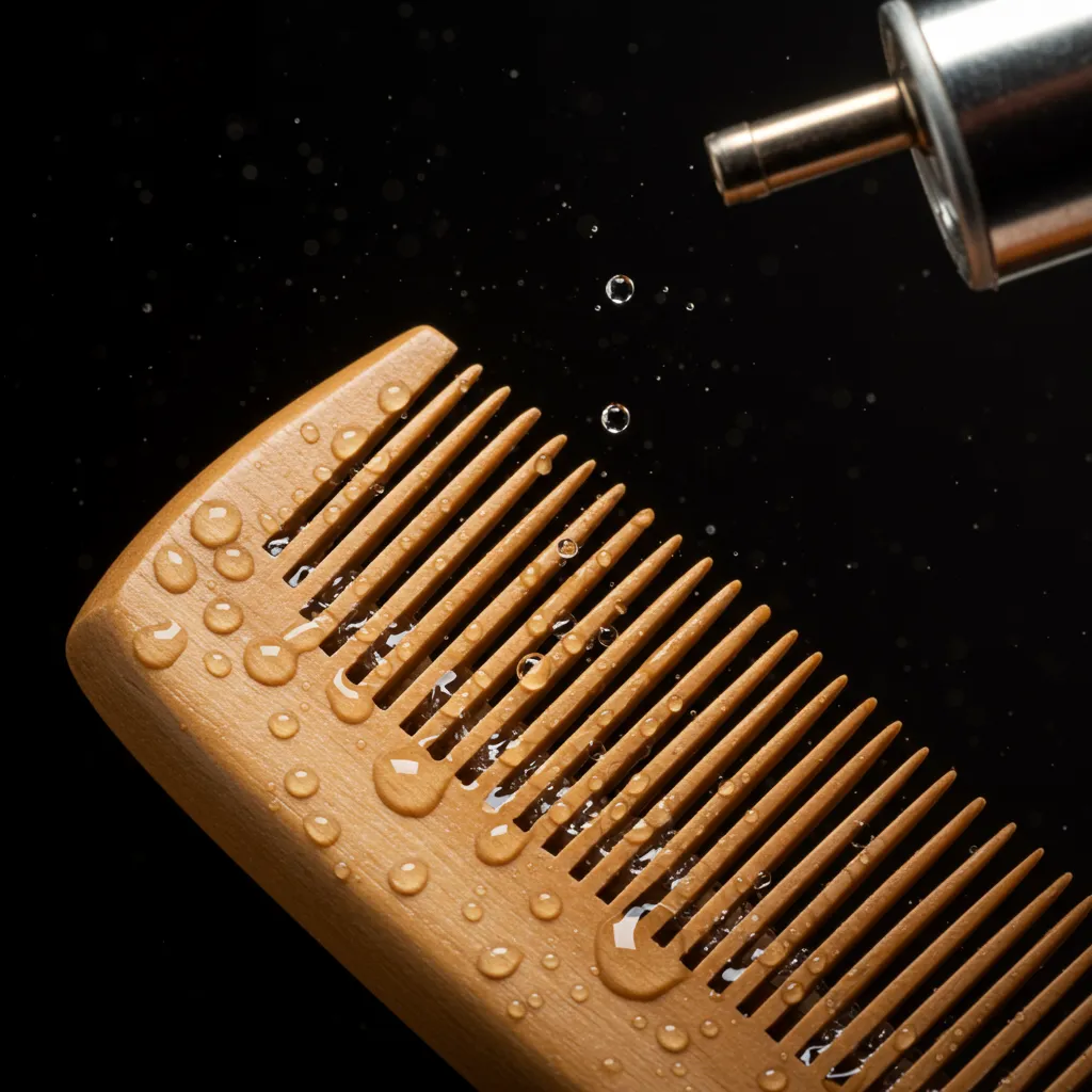 Peigne en bois avec application de parfum, vue de dessus, détails des dents du peigne, éclairage studio naturel