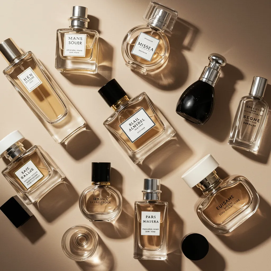 Collection de flacons de parfum et eau de parfum arrangés vue de dessus, éclairage naturel doux, ambiance luxe