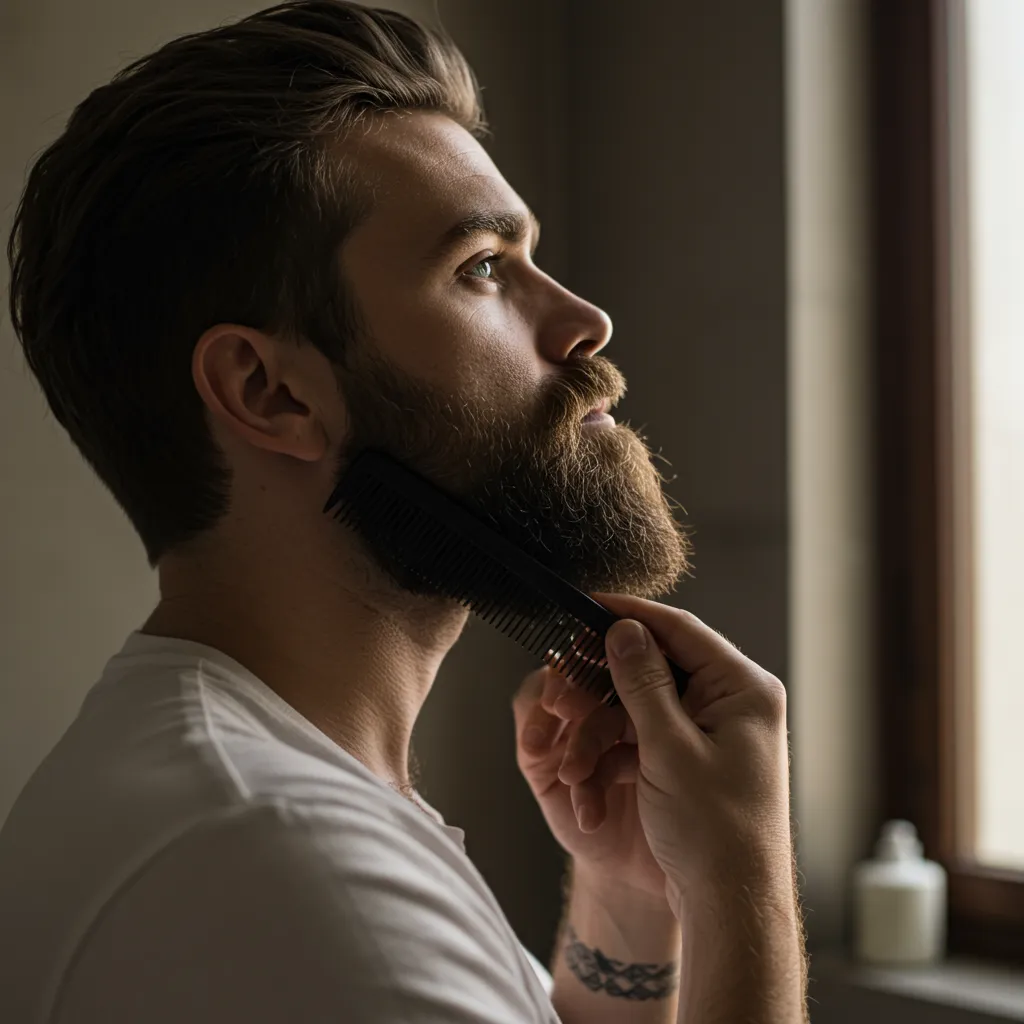 Homme peignant sa barbe dans une salle de bain moderne, éclairage naturel chaud, geste de toilettage quotidien