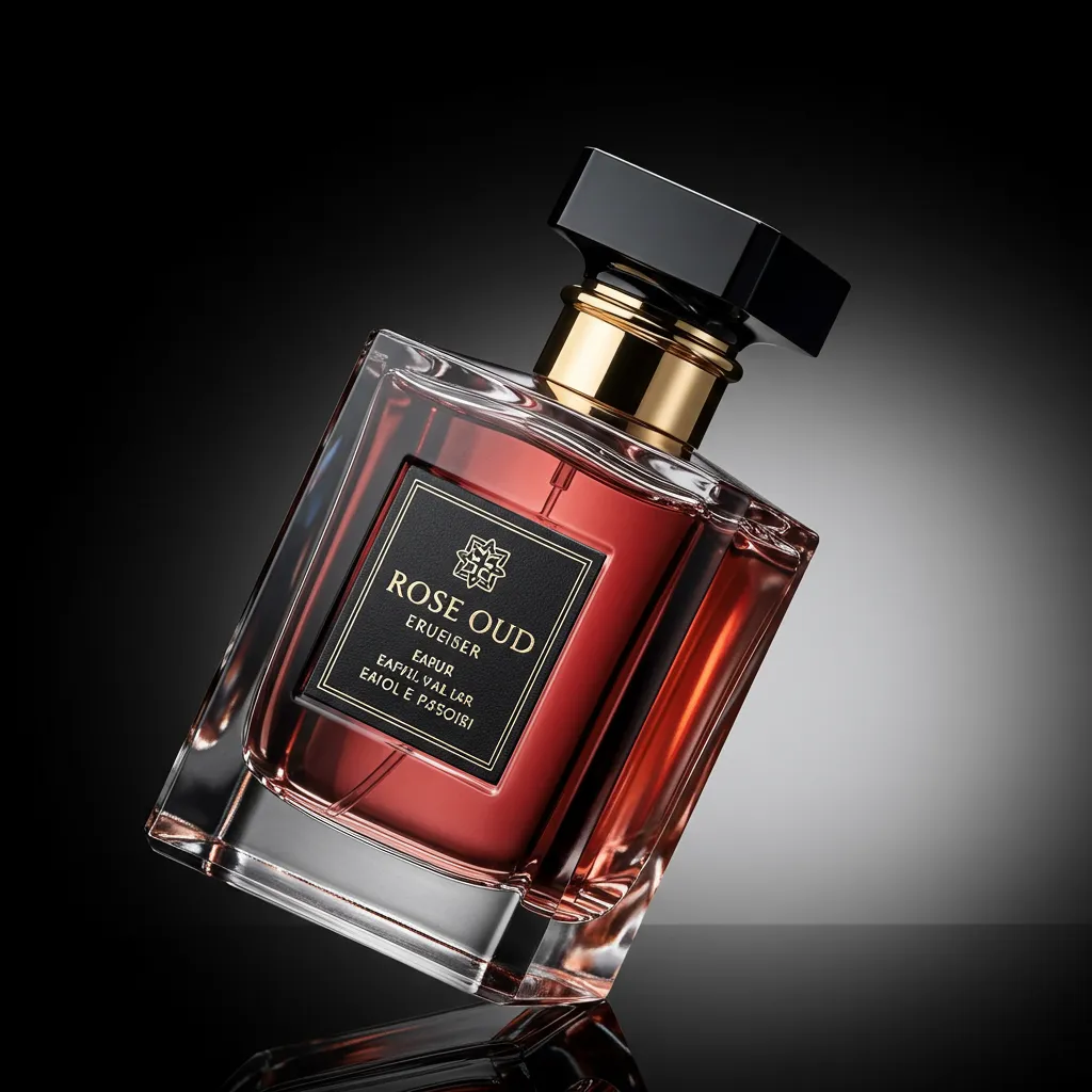 Gros plan détaillé d'un flacon de parfum rose oud premium avec éclairage studio professionnel