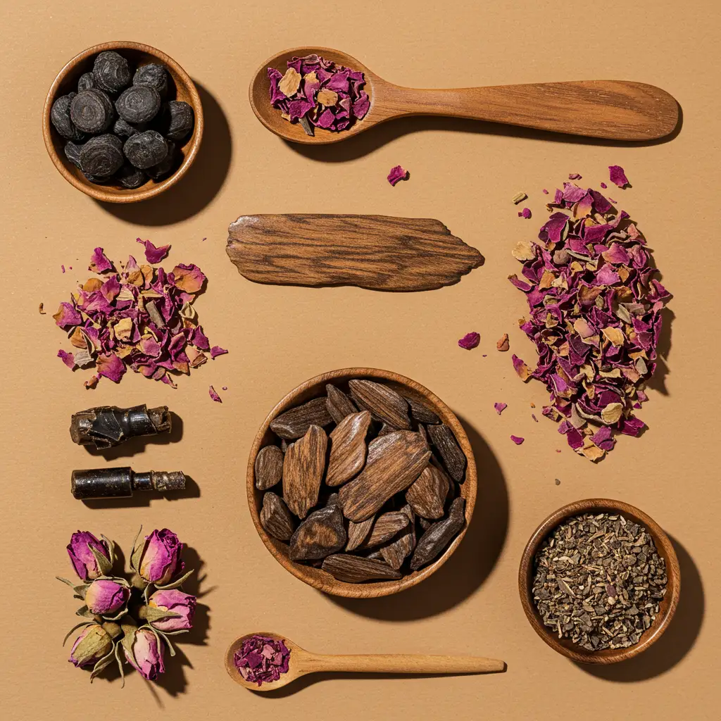 Mise en scène des ingrédients naturels du parfum rose oud en vue de dessus