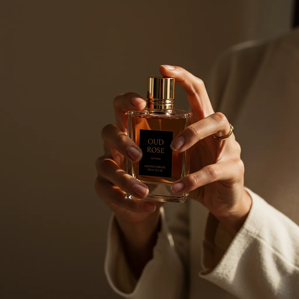 Image lifestyle montrant l'application d'un parfum rose oud en lumière naturelle dorée