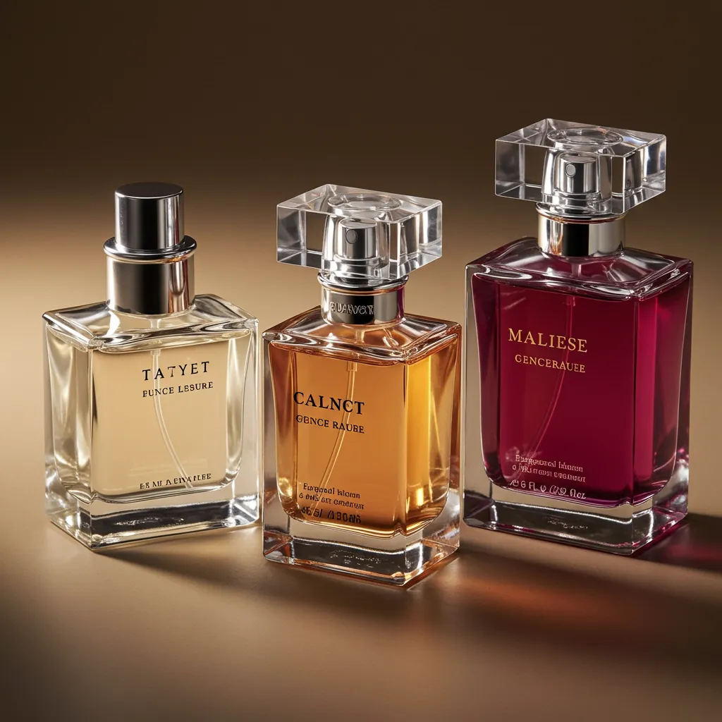 Trois flacons de parfum montrant différentes concentrations et teintes de liquide