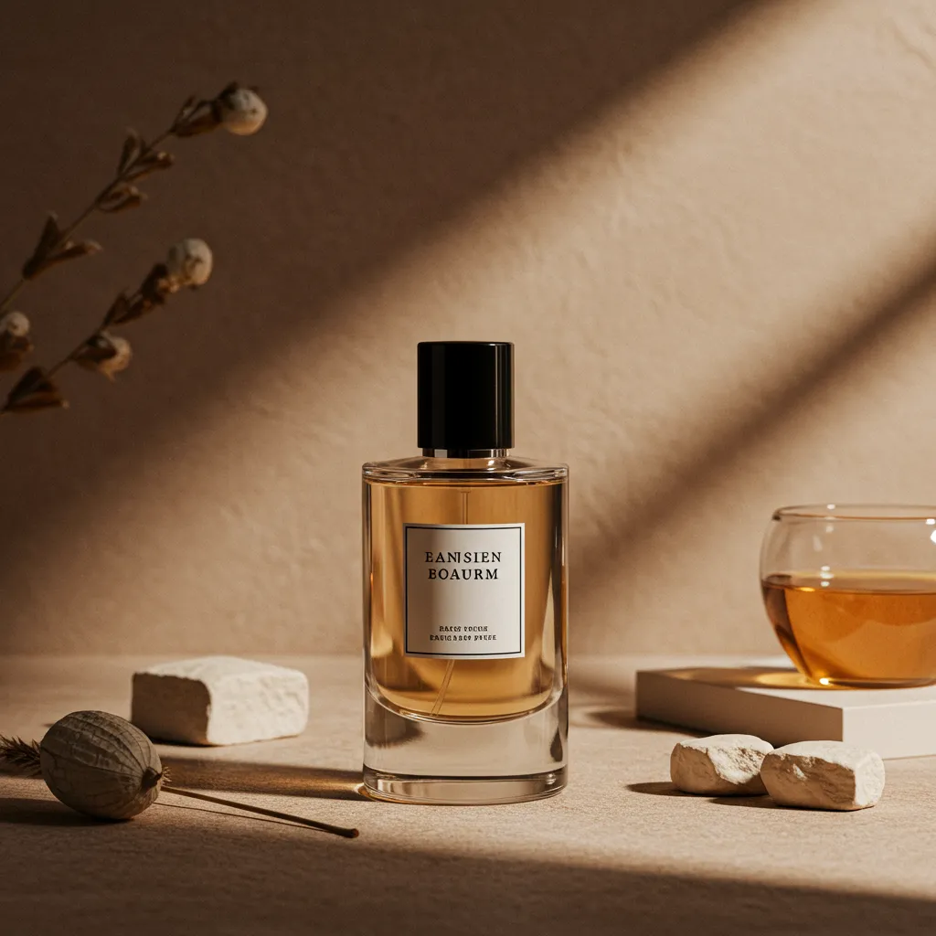 Flacon de parfum intime haut de gamme en mise en scène minimaliste avec lumière naturelle