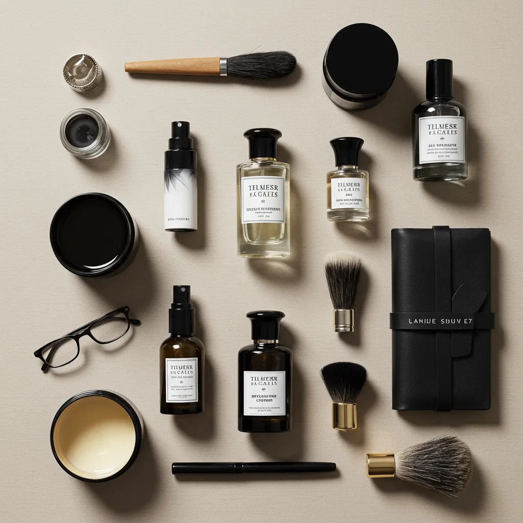 Arrangement plat de produits de soin et flacons de parfum pour la sélection personnelle