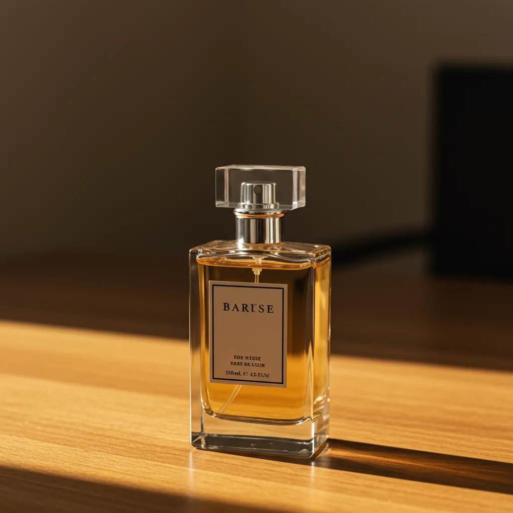 Flacon de parfum élégant en lumière naturelle dorée sur surface naturelle