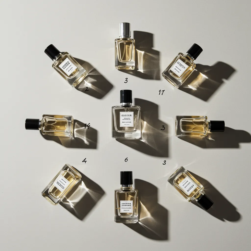 Sélection de flacons de parfum disposés pour guide de choix avec éclairage zénithal