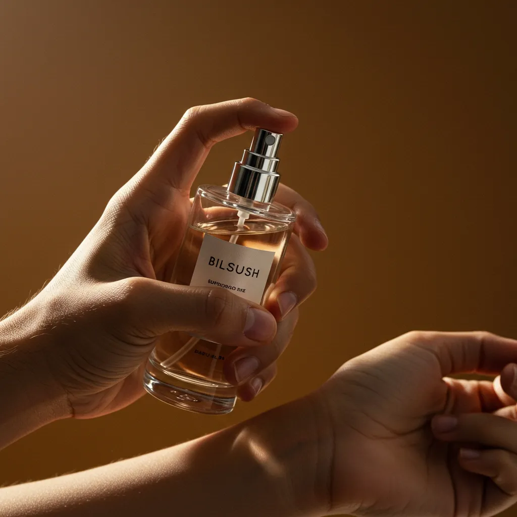 Gros plan d'un flacon de parfum léger testé sur la peau avec lumière naturelle douce