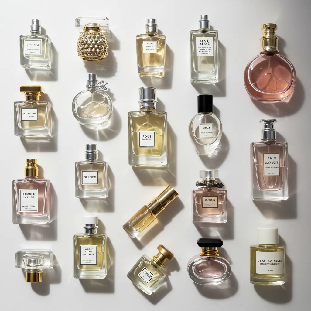 Collection de dix flacons de parfum léger pour homme photographiés de dessus avec arrangement minimaliste