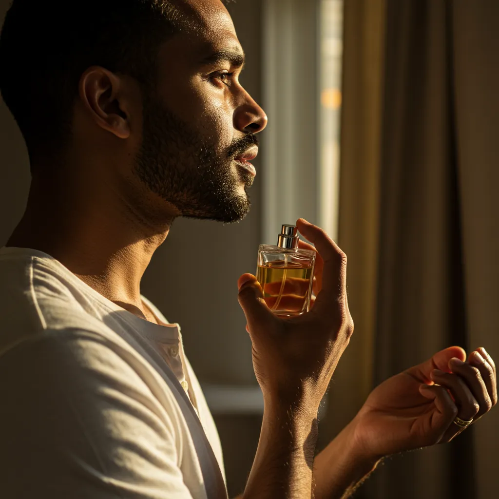 Application d'un parfum léger sur les points de pulsation du poignet avec lumière naturelle chaude