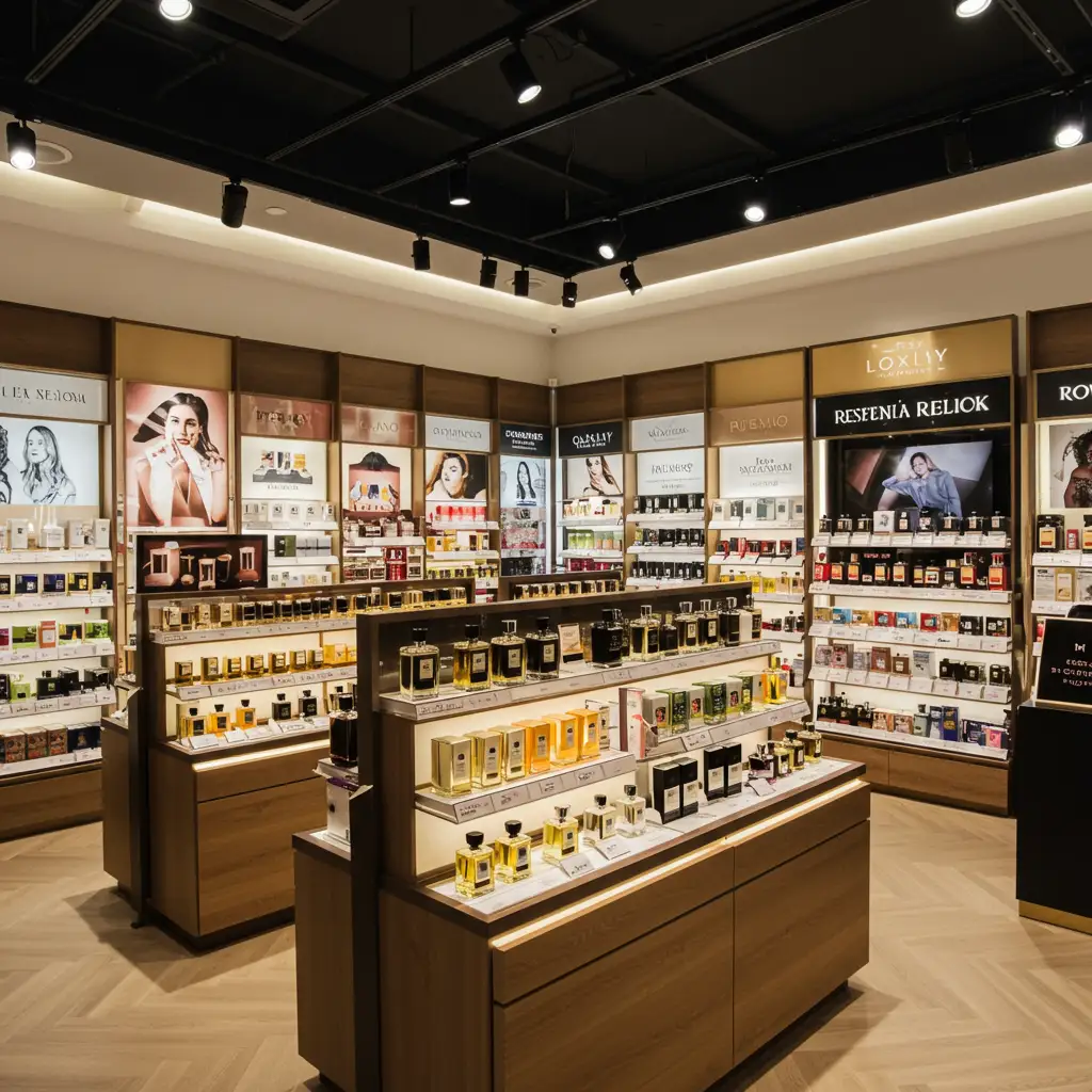 Étalage de parfums légers dans un point de vente de luxe avec éclairage ambiant professionnel