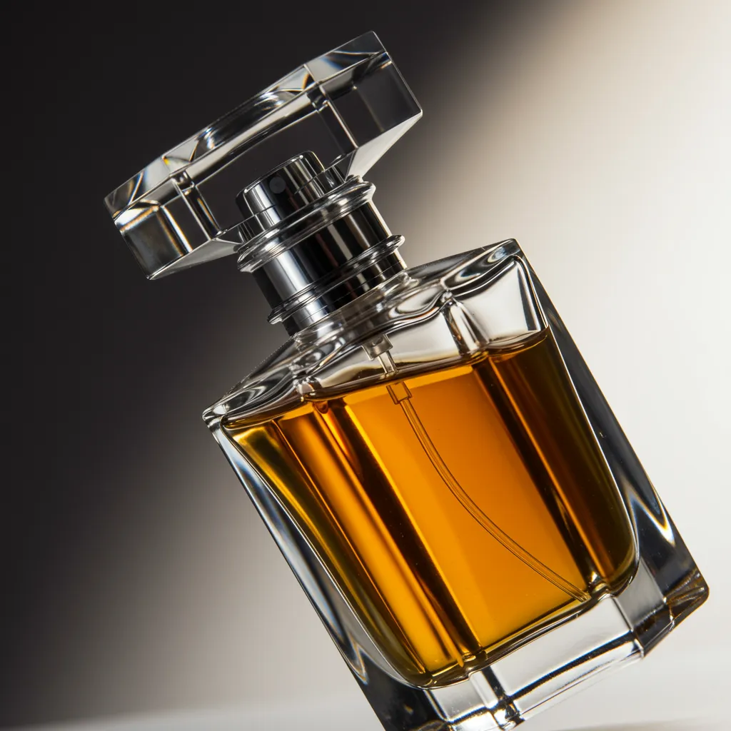 Gros plan détaillé d'un flacon de parfum premium avec liquide ambré et reflets lumineux