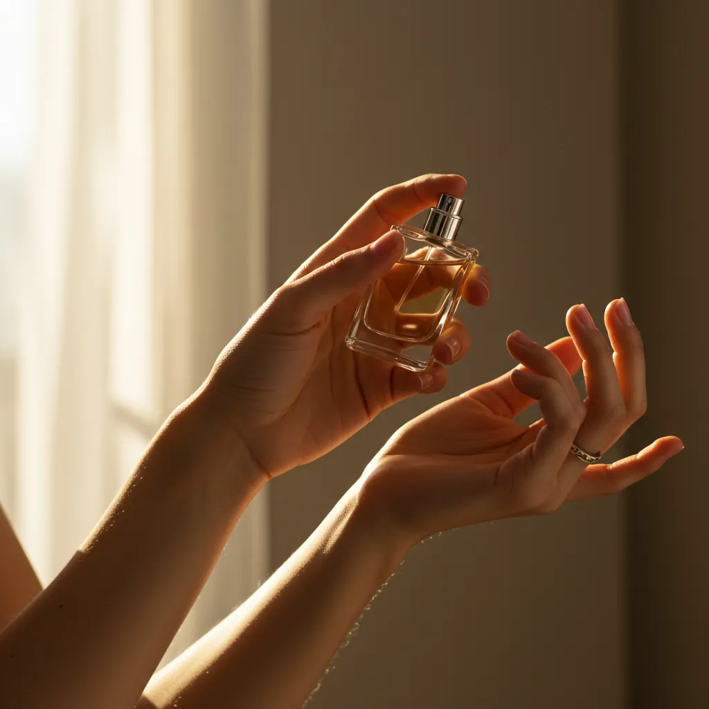 Détail d'une main féminine appliquant du parfum avec éclairage naturel doux