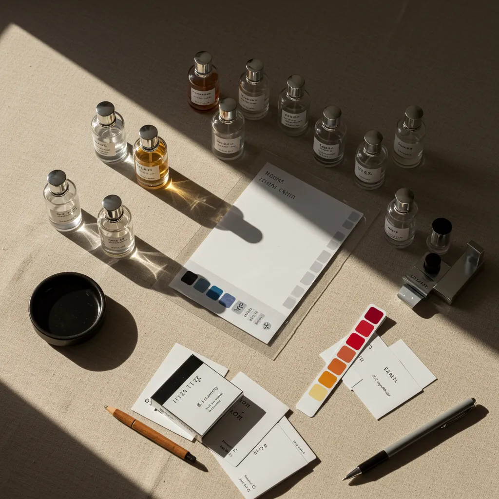 Vue de dessus d'une composition de tests de parfum avec échantillons et bandelettes