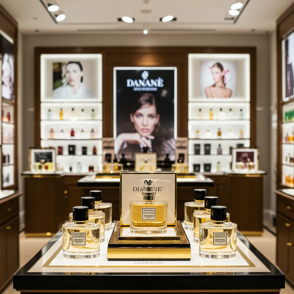 Présentation élégante de flacons de parfum en boutique de luxe avec éclairage ambiant