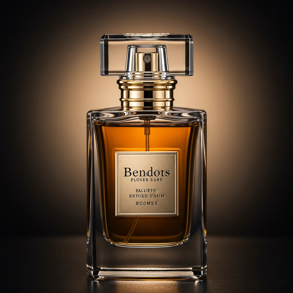 Gros plan d'un flacon de parfum gourmand homme avec liquide ambré visible
