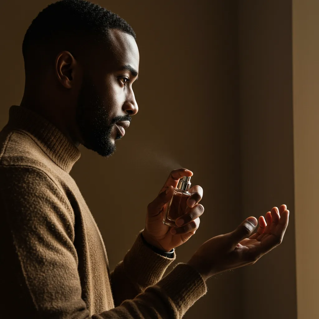 Homme appliquant un parfum gourmand sur son poignet dans une lumière naturelle