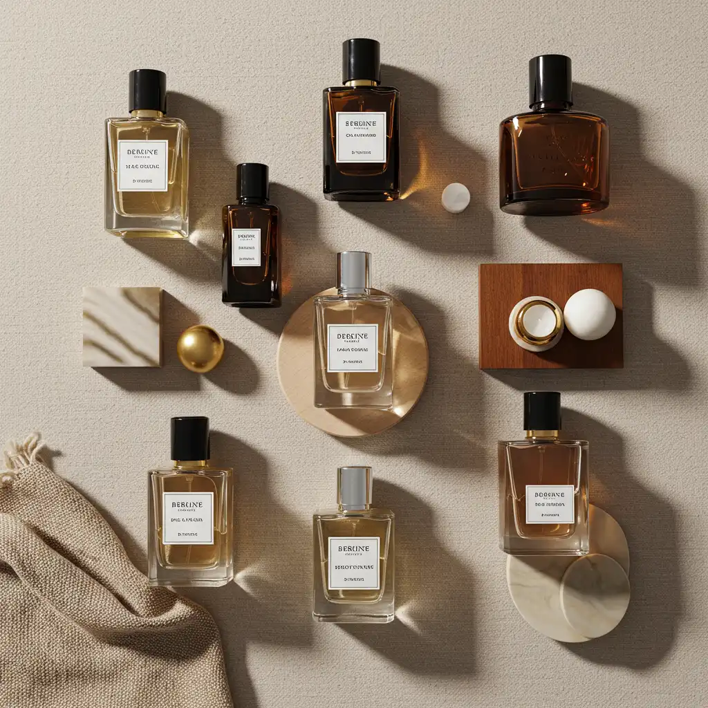Vue de dessus d'une sélection de parfums gourmands pour hommes avec éléments de décoration élégante