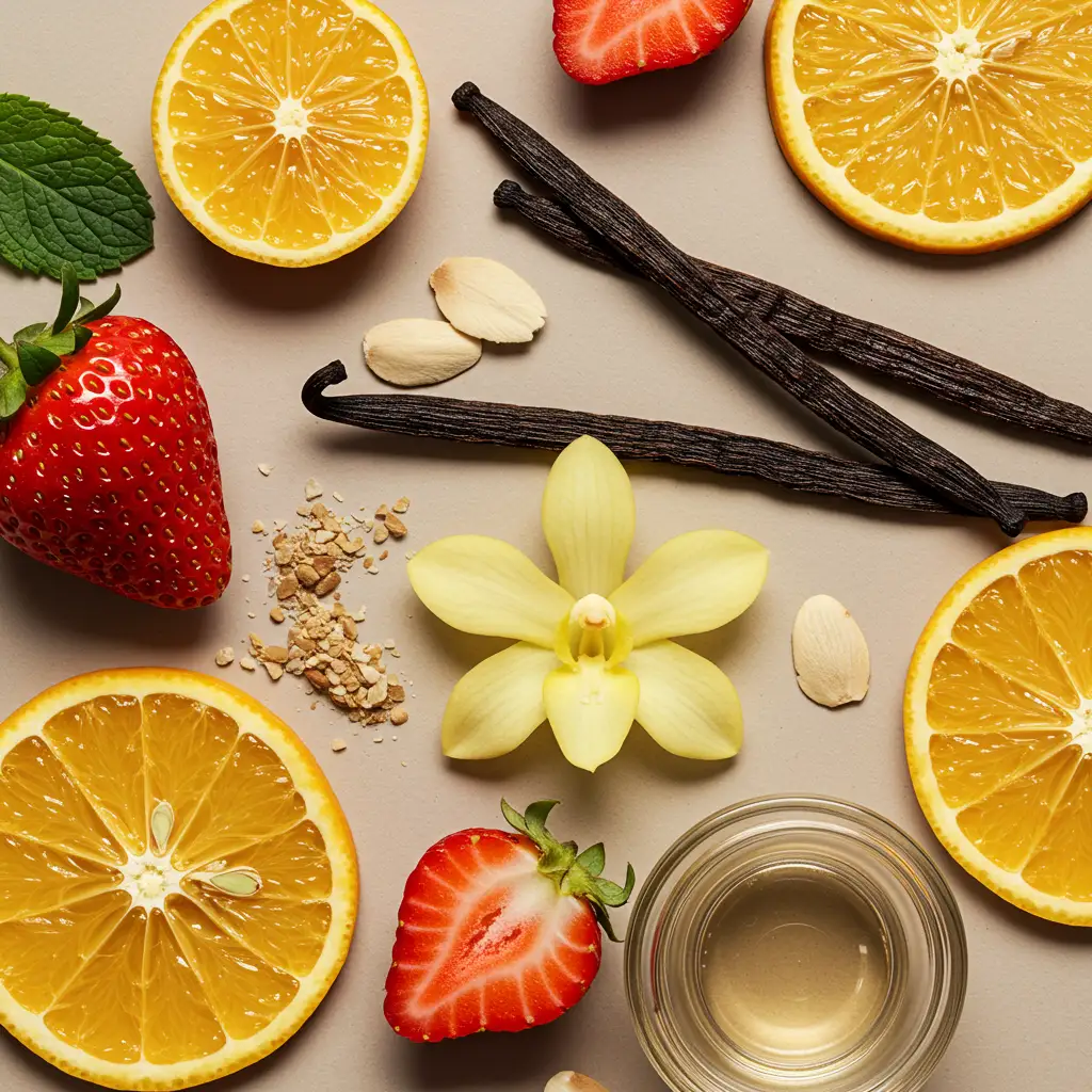 Composition détaillée des ingrédients du parfum avec fraise, vanille et agrumes en photographie de studio