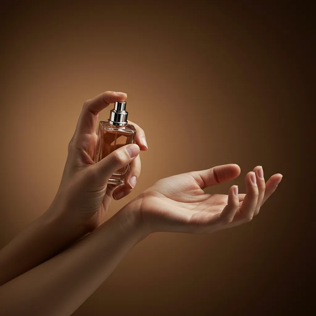 Application du parfum sur la peau en gros plan avec éclairage naturel et ambiance premium