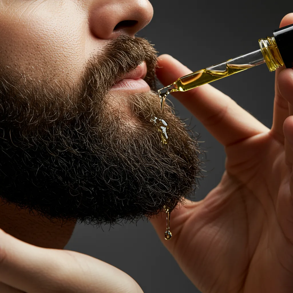 Application d'huile à barbe parfumée sur une barbe bien entretenue avec massage délicat