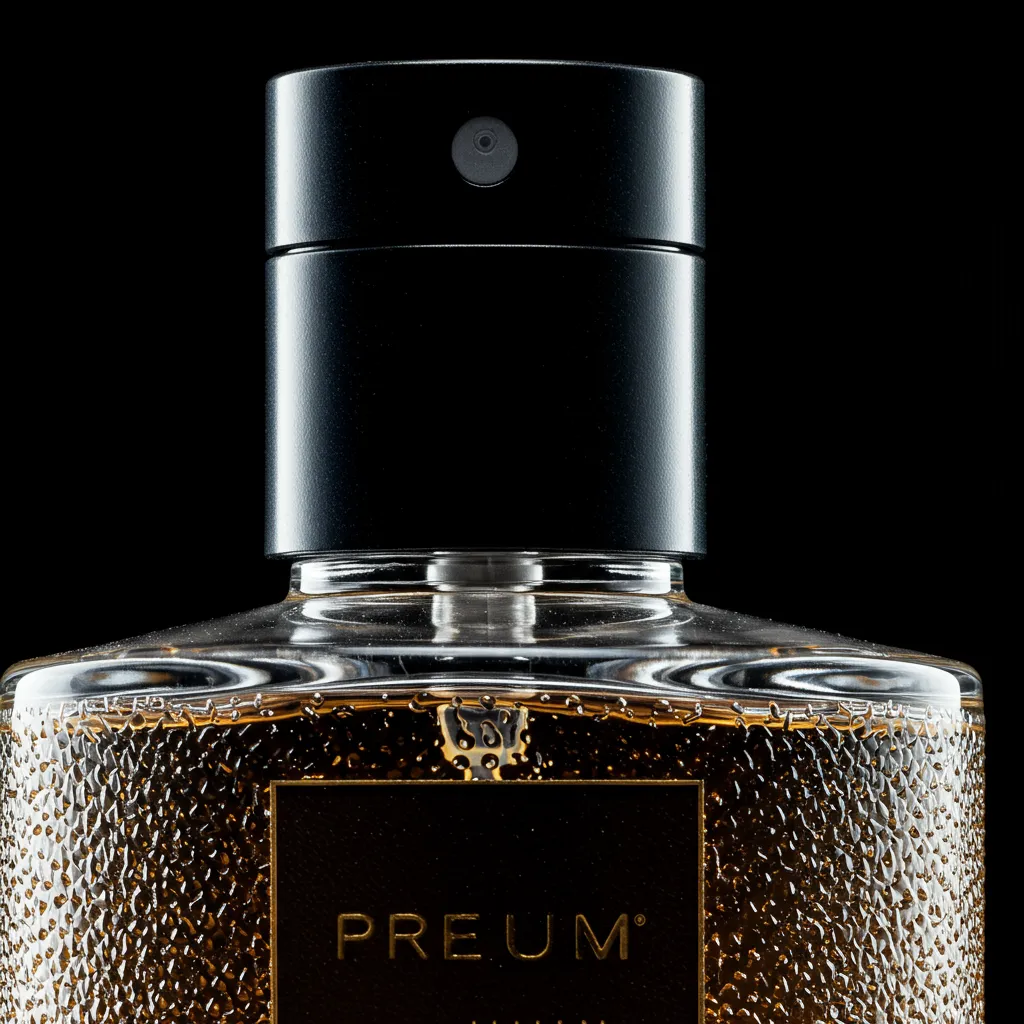 Gros plan détaillé du flacon de parfum montrant la qualité et le design
