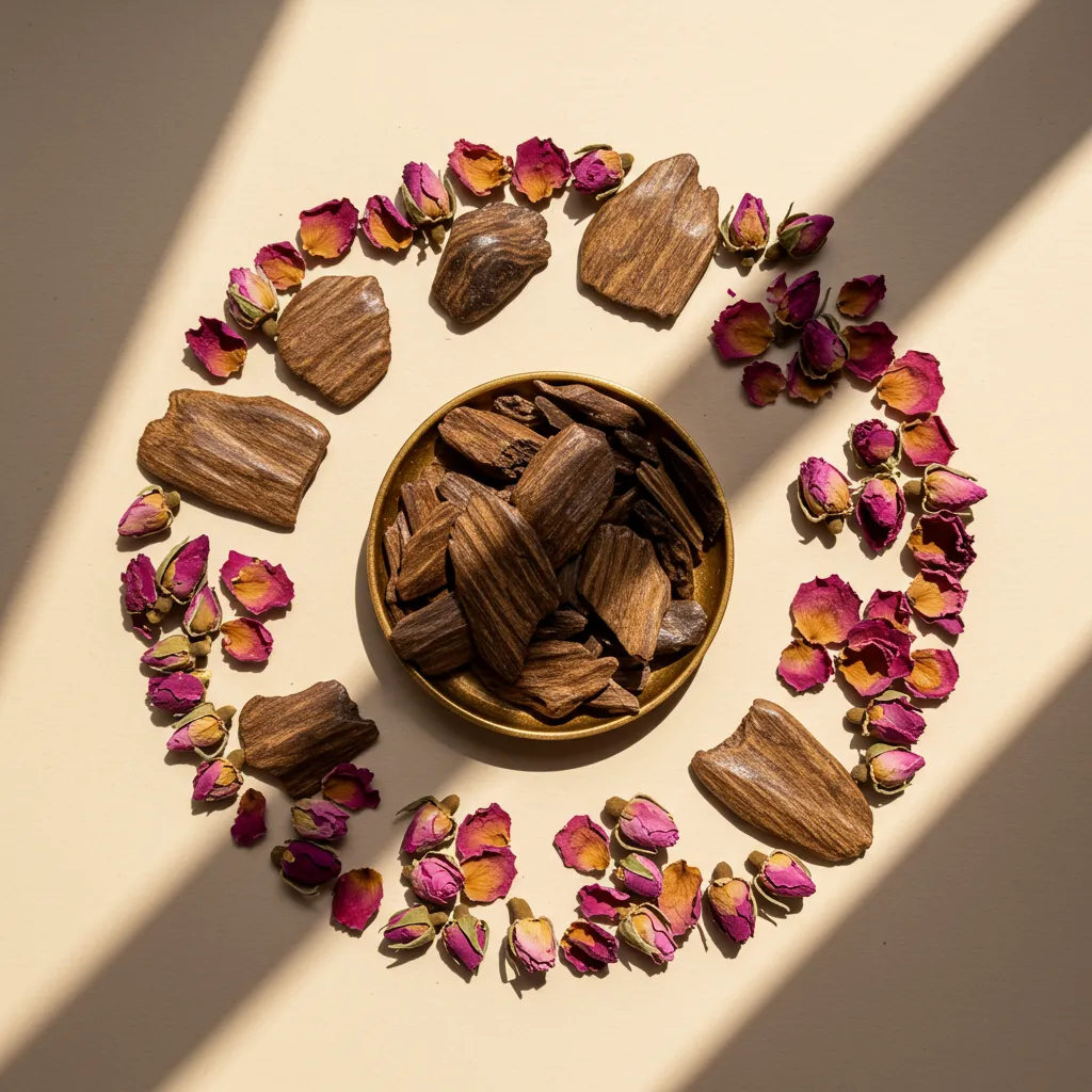 Composition de bois d'oud et pétales de rose séchés illustrant les ingrédients principaux
