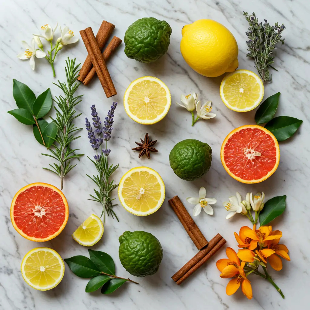 Composition de vue de dessus montrant les ingrédients naturels : agrumes, herbes aromatiques et épices utilisées dans la formule
