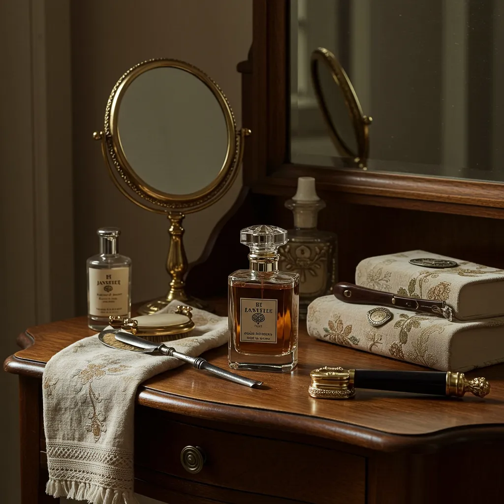 Mise en scène d'une toilette raffinée avec le flacon de cologne dans un contexte historique élégant