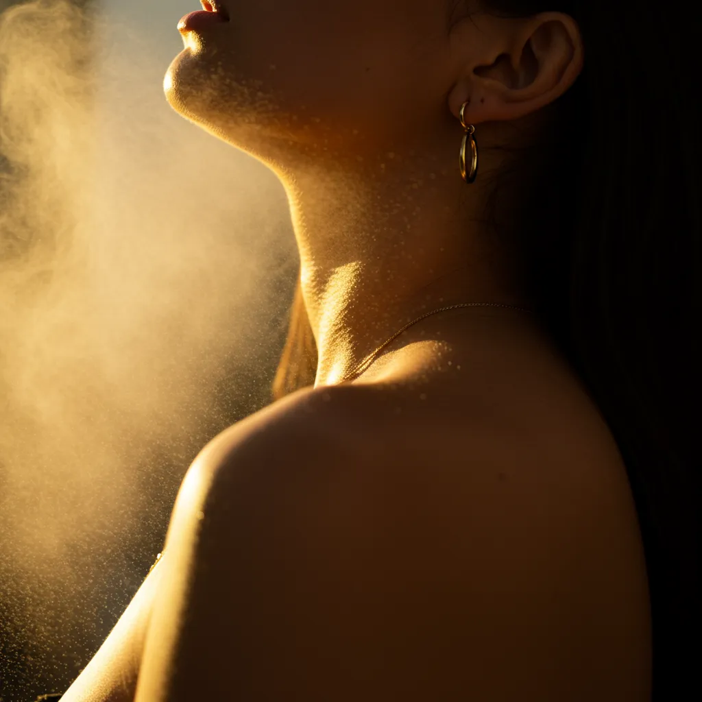Application d'eau de toilette sur la peau avec brume de parfum en mouvement sous lumière naturelle